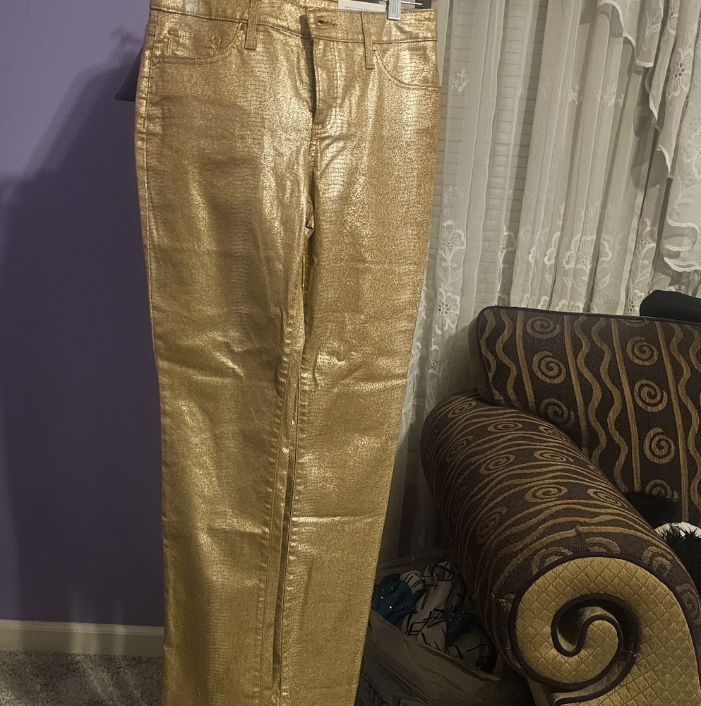 Chico's Gold Straight Leg Jeans with Shimmering Finish